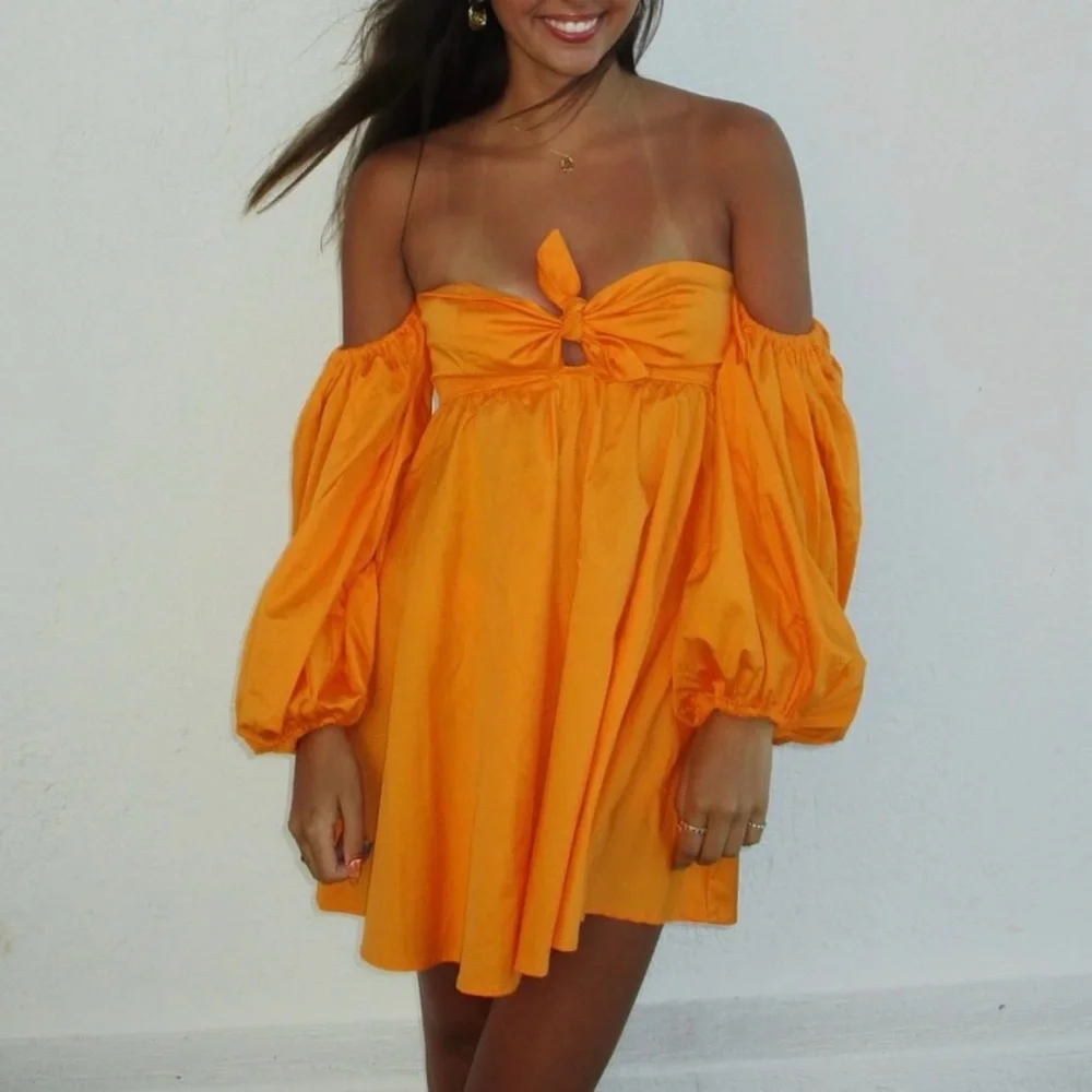 NWT For Love & Lemons St. Lucia Dress Off Shoulder Size Small Orange - Picture 4 of 10